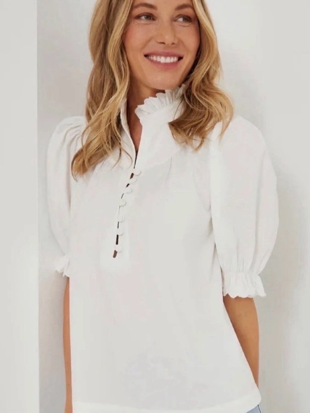 Pomander Place White Selena Ruffle-Neck Lace-Up Puff Sleeve Blouse Large